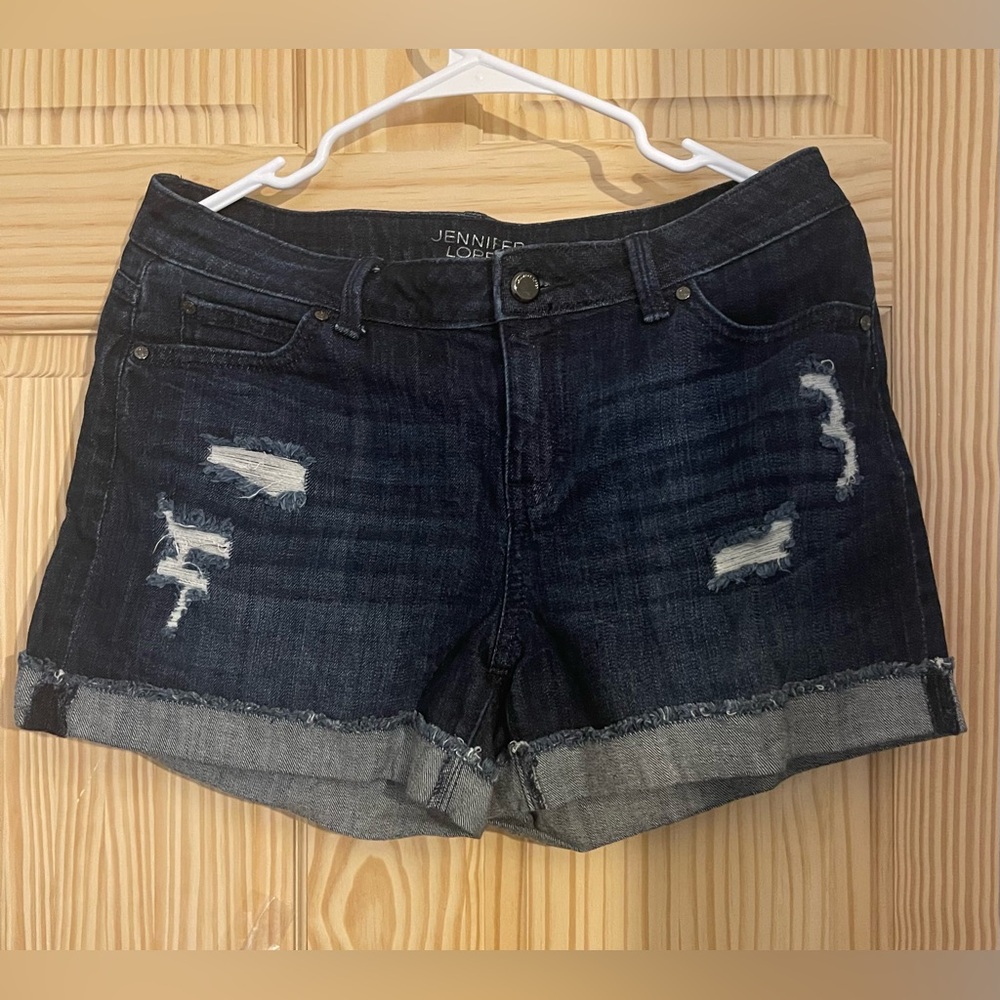 🤍💎💎Jennifer Lopez Dark Blue Distressed Jean Shorts - Picture 5 of 12